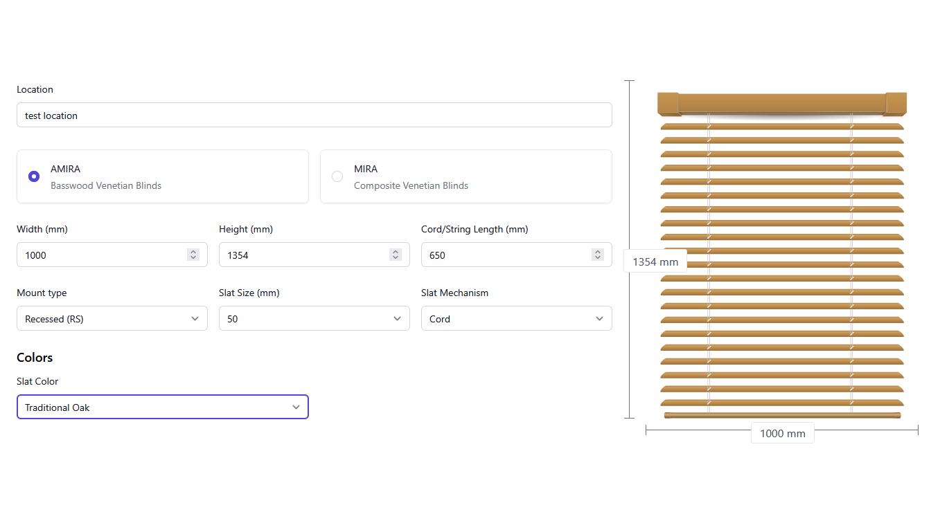 2D interior blinds configurator canvas interface and slat controls