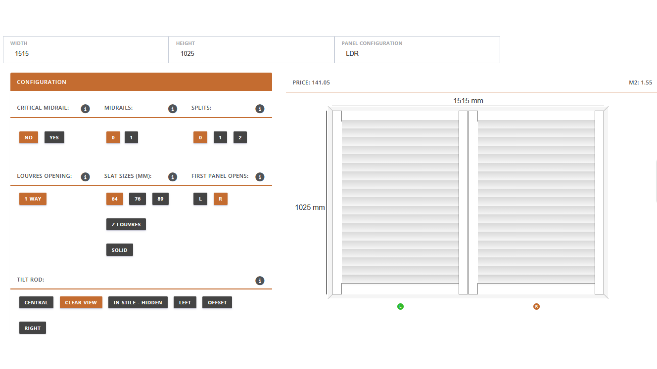 2D plantation shutters configurator elevation drafting interface