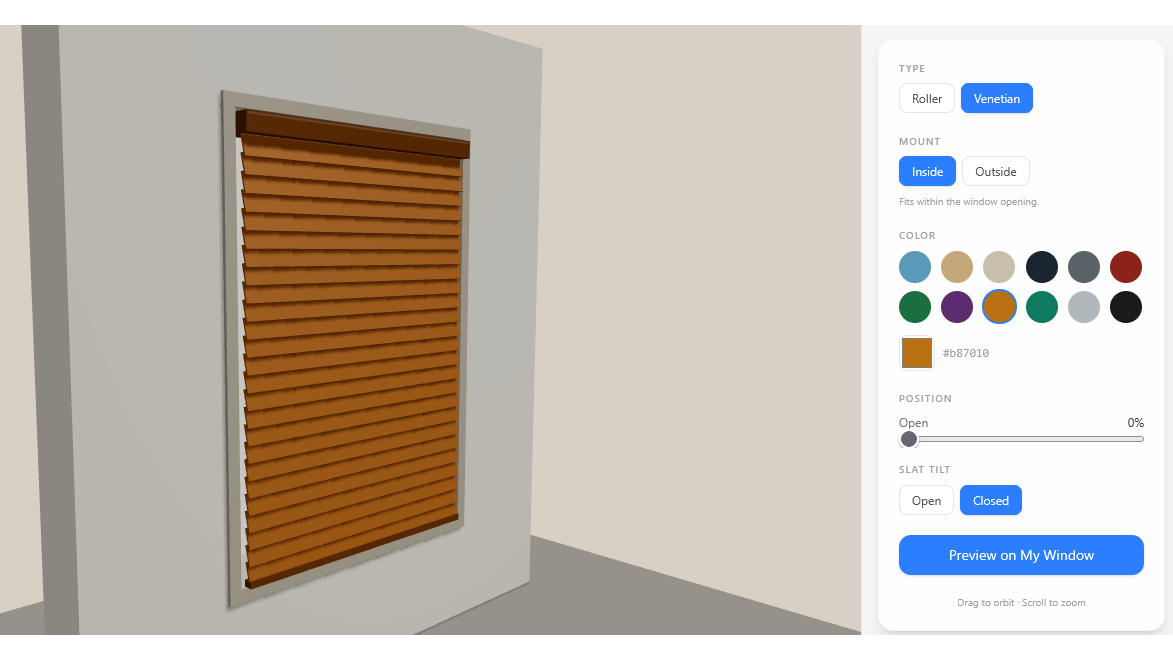 Fabric, texture, and slat configuration view in the 3D blinds visualizer