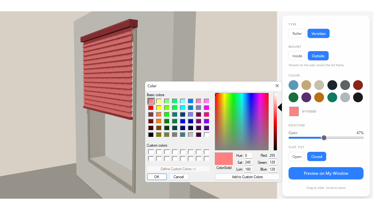 Mounting options and dimension controls for custom window blinds