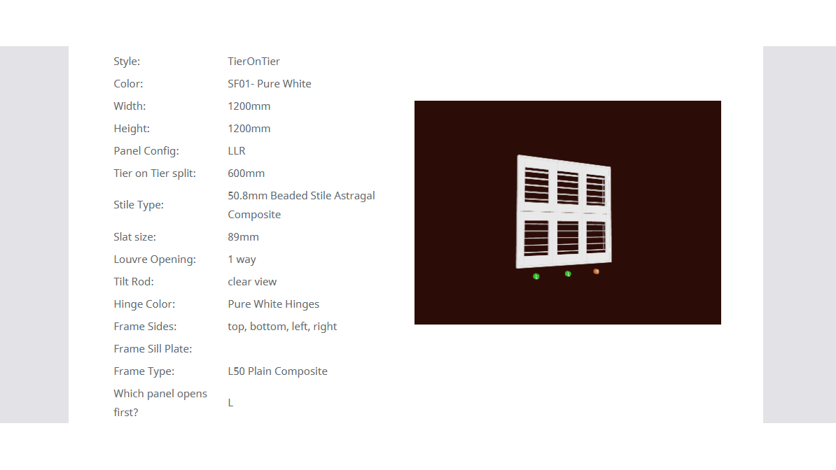 Shutter material, stain finishes, and hardware customization options