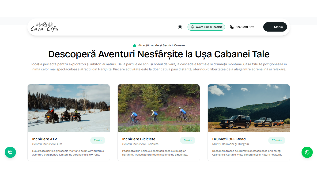Cabana Casa Cifu Next.js website homepage showcasing mountain accommodation