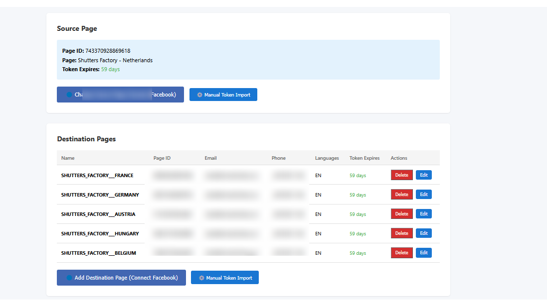 Meta API automated cross-posting management dashboard and account overview