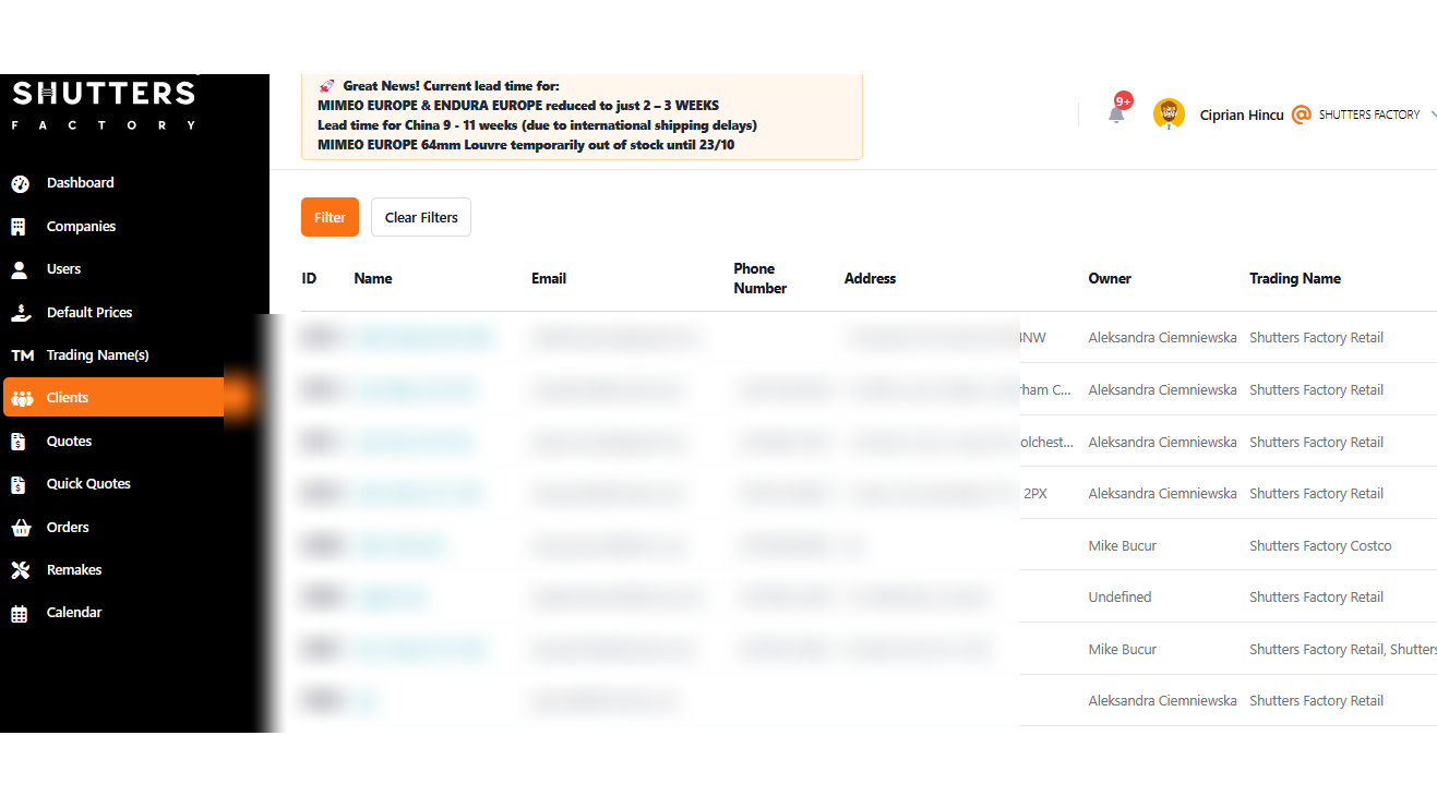 Shutters Factory bespoke Laravel CRM and order pipeline dashboard