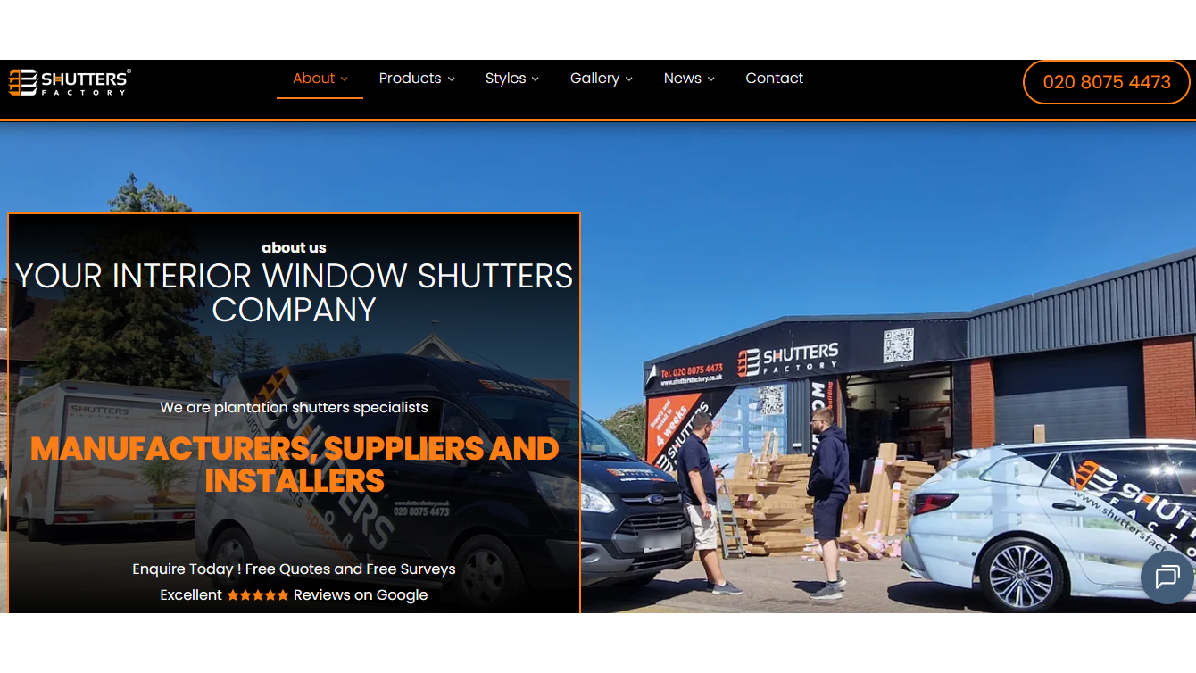 Shutters Factory London retail website homepage and branded survey van fleet