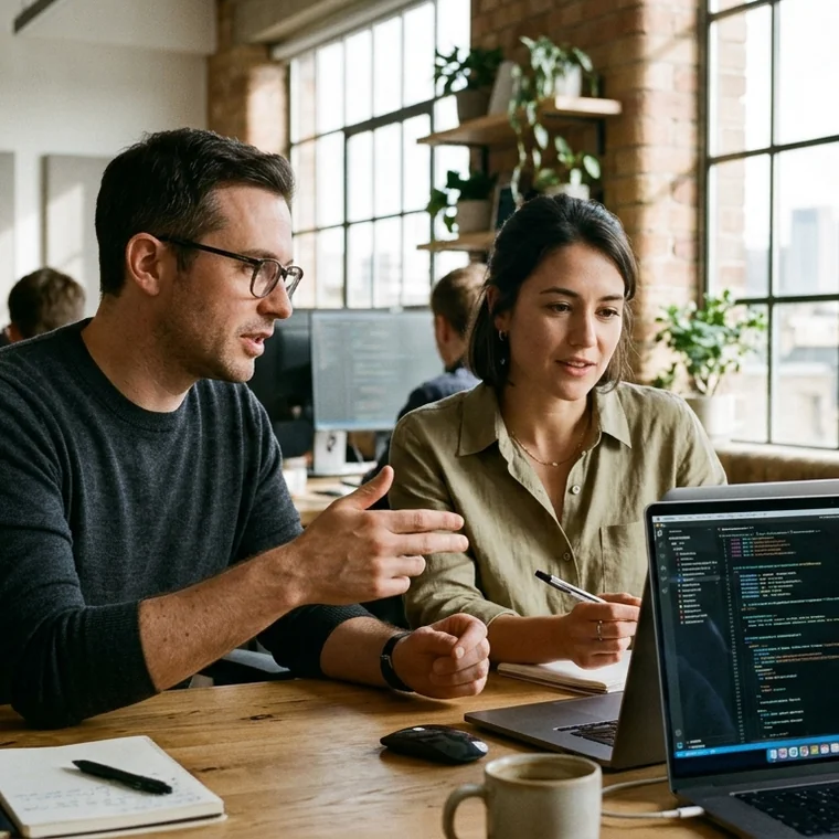 Two senior developers collaborating closely on interface architecture in a London studio